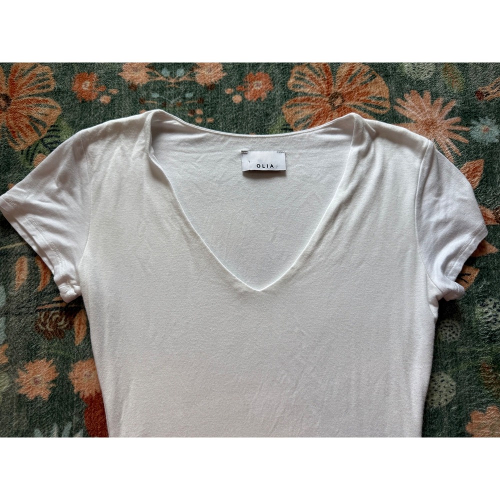 Olia Womens‎ White Short Sleeve V-Neck Thong Bodysuit Snap Closure Size Small